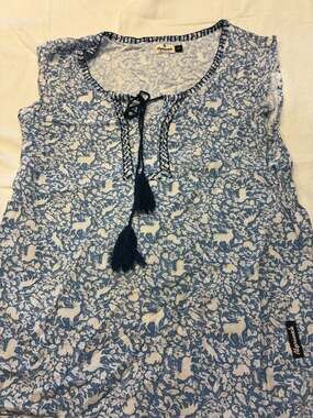 Alprausch Swiss Original Blue and White Animal Print Tassel Blouse Size XS